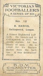 1933 Godfrey Phillips B.D.V. Victorian Footballers (A Series of 50) #12 Don Harris Back